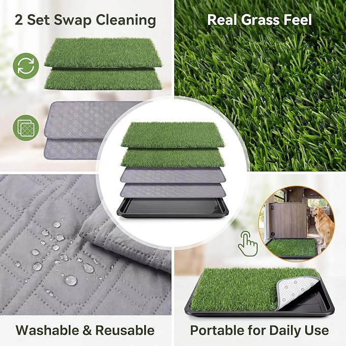 ondware Dog Grass Pad with Tray Dogs Potty Tray - 3-Layer Indoor Potty with 2 Grass Patches and 2 Washable Pee Pads for Puppies Senior Dogs Apartments Balconies RVs Patios Homes(30x20 in)