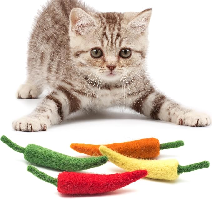Glaciart One Cat Chili Pepper Toy – 4 Pcs | Soft Fuzzy Enrichment 100% Natural Wool - Interactive Catnip Play Cat Toy Set - Safe for Pets, Non-AZO Colored Dyes