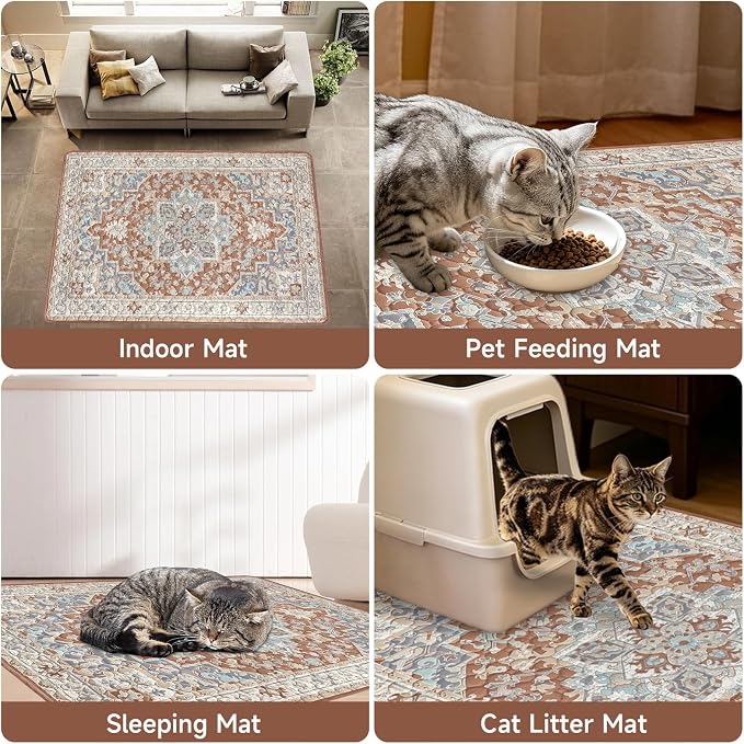 Cat Litter Mat 2 Pack, Reusable Large 36"x48" Kitty Litter Trapping Mat, Machine Washable Litter Mats for Cats, Waterproof & Non-Slip Compatible with Cat Box (Beige Medallion)
