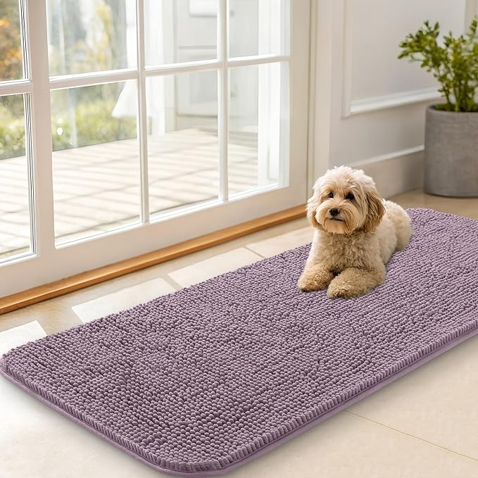 OLANLY Dog Door Mat for Muddy Paws 47x20, Super Absorbent Chenille Mud Mat | Deep Plum, Absorbs Moisture and Dirt, Non-Slip Machine Washable Doormat, Quick-Drying Indoor Entryway Floor Carpet for Dogs