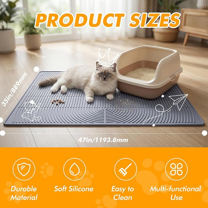Extra Large Cat Litter Mat 47" x 35" Silicone Litter Trapping Mat for Scatter Control, Catcher for Kitty Litter, Non-Slip Waterproof Floor Protector, Easy to Clean, Gray