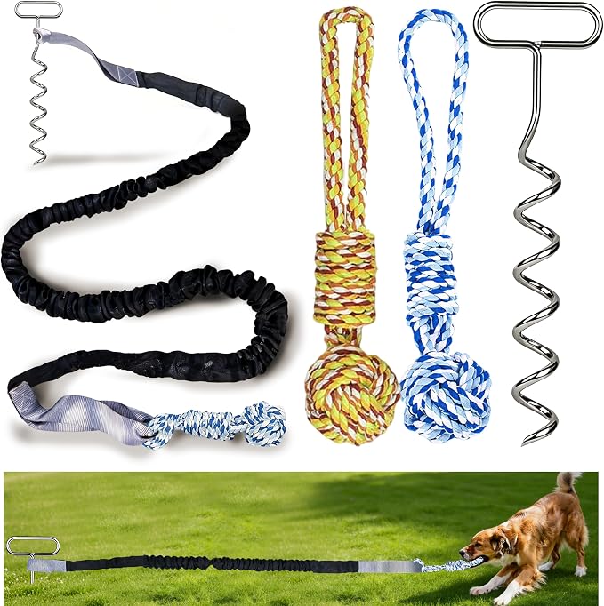 Dog Bungee Tug Toy with Steel Stake & 2 Chew Balls, 6.8ft Stretch Rope tug Toy - Tether Tug for Large/Medium/Small Dogs - Outdoor/Outside Dog Tug of War Toy (Lawn/Tree Use)