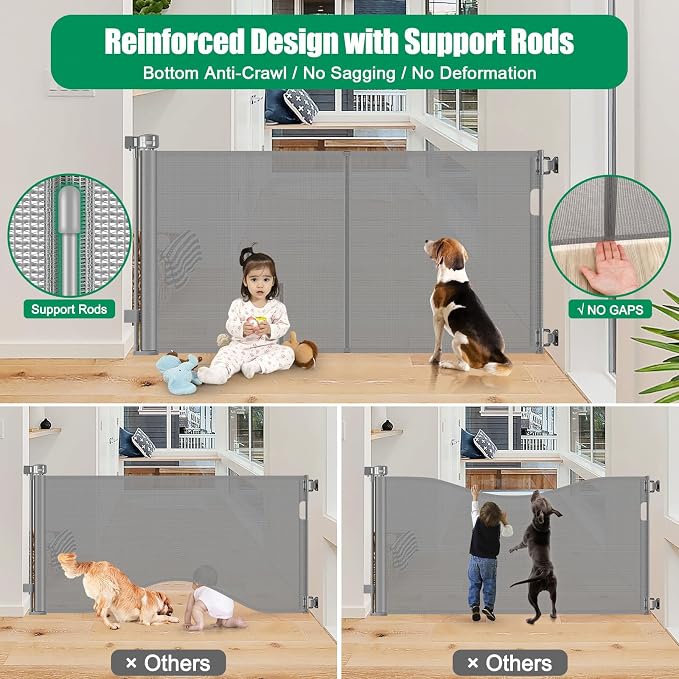 Reinforced 50" Wide Retractable Dog Gate for Stairs, Retractable Baby Gates with Support Rods - Bottom Anti-Escape, Indoor Long Baby Gate Outdoor Gates for Decks, Child Gates for Doorways/Patios, Gray