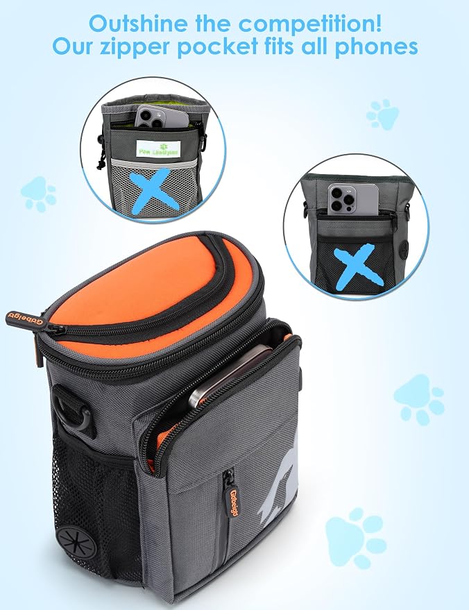 8 Cup Dog Treat Pouch with Training Clicker(Gray & Orange) | 3 Ways to Wear/Built-in Poop Bag Dispenser/Zipper Front Pocket Phone Friendly Treat Bag for Pet Training & Walking