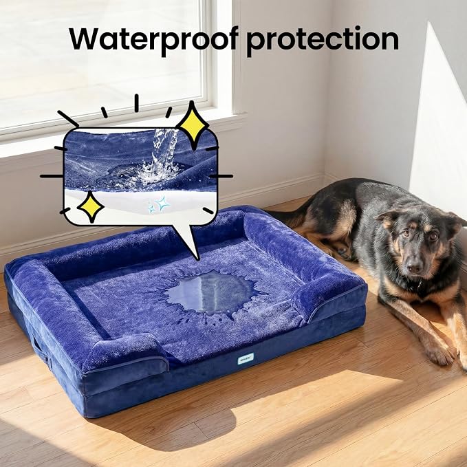 OhGeni Orthopedic Dog Bed Couch Big Cat Sofa for Extra Large Sized Pets with Memory Foam, Machine-Washable Waterproof Removable Cover, Soft Comfortable Fabric, 44-inch (Blue)