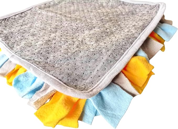 Pet Fleece Snuffle Mat Square Shape Foraging Mats Interactive Feeding Toy Anti Slip Slow Feeder Treat Dispenser for Dog Rabbit Guinea Pig (Grey Blue Yellow)