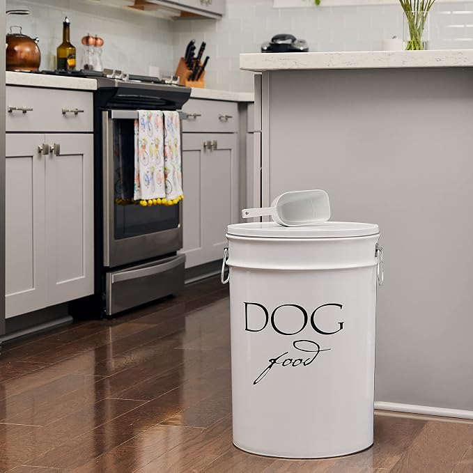 Harry Barker Classic White Dog Food Storage Canister – Large, Airtight Stainless Steel Pet Food Container, Holds Up to 40 lbs Dry Dog Food, Kitchen Counter & Pantry Storage - White