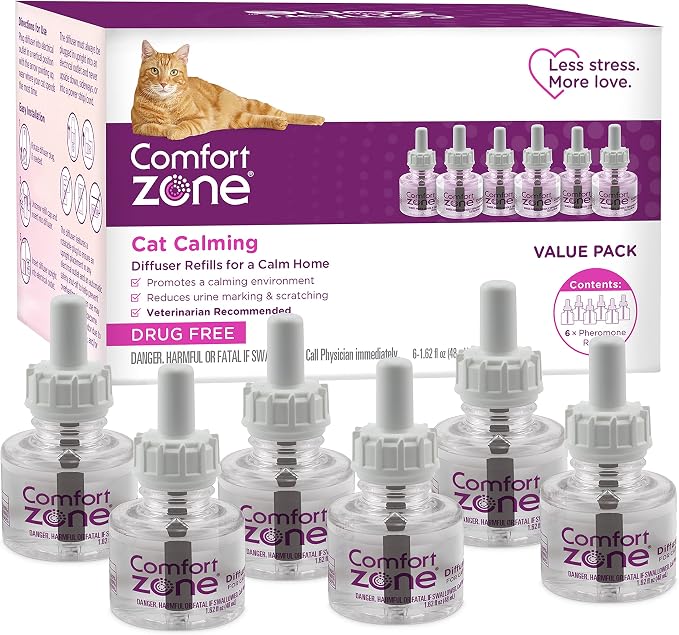 Comfort Zone Cat Calming Diffuser Refill, 6 Pack of 30-day refills | Reduces cat stress, use with Comfort Zone Diffuser, refills lasts up to 30 days, expert recommended, drug- and fragrance-free