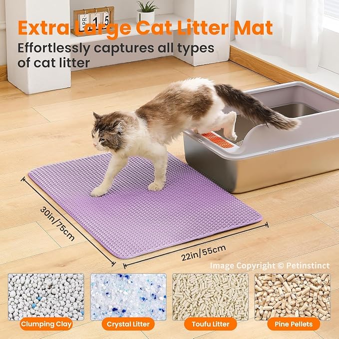 Extra Large Cat Litter Mat, Double Layer Honeycomb Design | 30x22”, Reduces Litter Tracking, Easy to Clean, Waterproof, Non-Slip, Soft on Paws, Scratch Resistant, Purple, XL