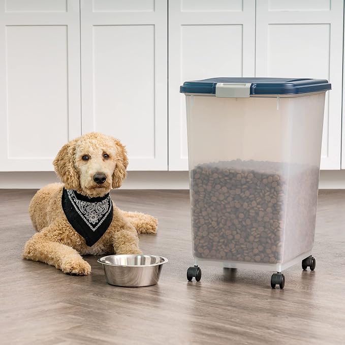 IRIS USA Dog Food Storage Container, Up to 54 Pounds, Attachable Wheels, For Dog Cat Bird and Other Pet Food Storage Bin, Keep Fresh, Easy Mobility - Made in USA, Navy