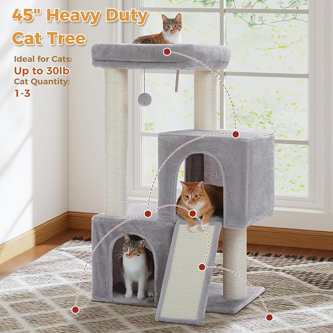 PAWZ Road Large Cat Tree, 45" Heavy Duty Cat Tower with Dual Condos, 3 Thick Full Wrapped Sisal Posts(φ4.3), Spacious Top Perch, Scratching Ramp for Large Cats,Gray
