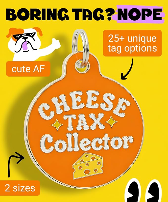 Bad Tags Personalized Dog and Cat ID Tags in 25+ Designs and 2 Sizes - 5 Lines of Custom Engraved Text - Funny Cute Personalized Pet Tags (Cheese Tax Collector, Small (1 inch))