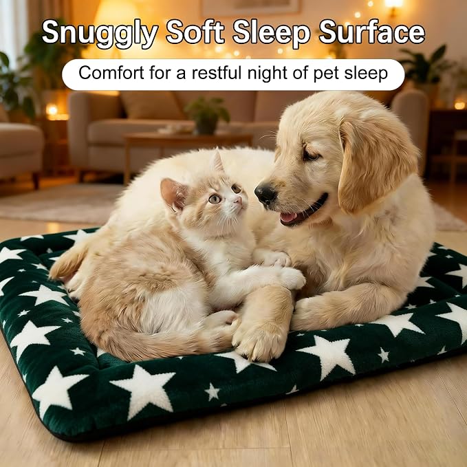 Dog Bed Mat – Soft & Comfortable Dog Kennel Pad for Crate – Durable Crate Bed & Mat for Dogs & Cats – Ideal for Crate, Kennel, and Home Use (Big&Little Stars Green, M(30"*20"*1.5"))