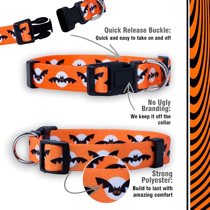 Native Pup Halloween Dog Collar- Spooky Fall Themed Horror Costume Collars- Skull, Pumpkin, Ghost, Bat, Witch, Candy Corn, Spider- Adjustable for Small, Medium, Large Breeds (Large, Bats and Moon)