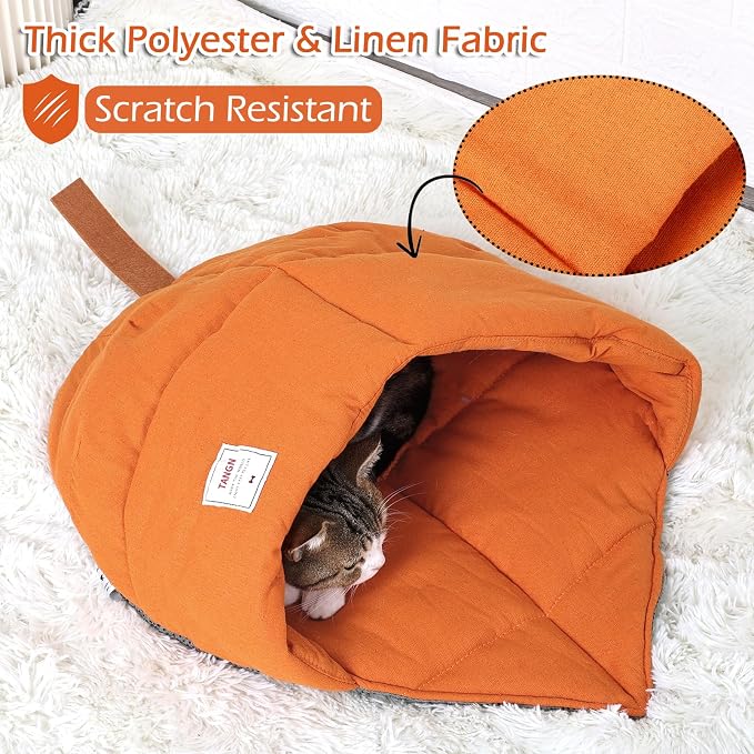 Cat Sleeping Bag Cave Bed with Non-Slip Bottom (Maple Orange) | Comfortable Linen Fabric, Non-stick Hair, Felt Handle, Washable, Suitable Size for Most Cats and Puppy, Durable Pet Nest