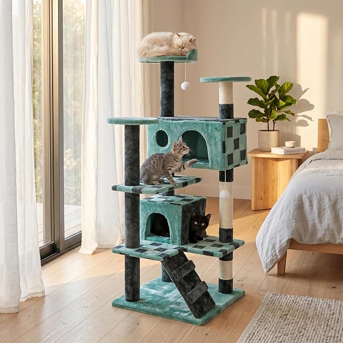 54in Cat Tree Tower for Indoor Cats Multi-Level Cat Condo Cat Bed Furniture with Scratching Post Kittens Activity Center (Green)
