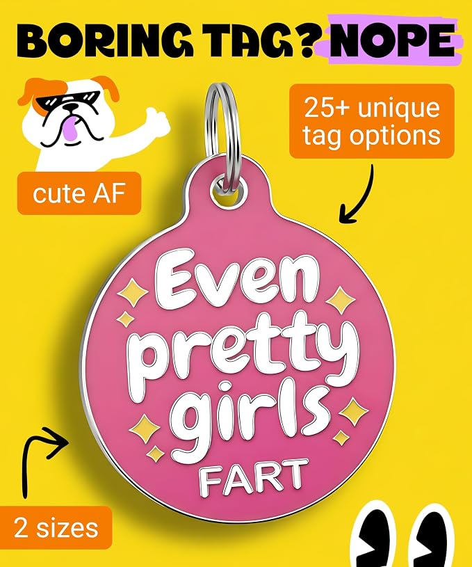 Bad Tags Personalized Dog and Cat ID Tags in 25+ Designs and 2 Sizes - 5 Lines of Custom Engraved Text - Funny Cute Personalized Pet Tags (Even Pretty Girls Fart, Small (1 inch))