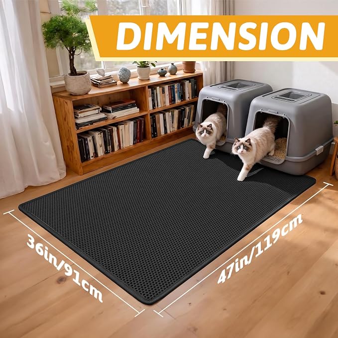 Pieviev Litter Box Mat, Double-Layer Waterproof Design, 47" x 36" Black | Honeycomb Litter Trapping Mat Captures Scattered Particles to Stop Tracking, Waterproof Base Protects Floors, Easy to Clean