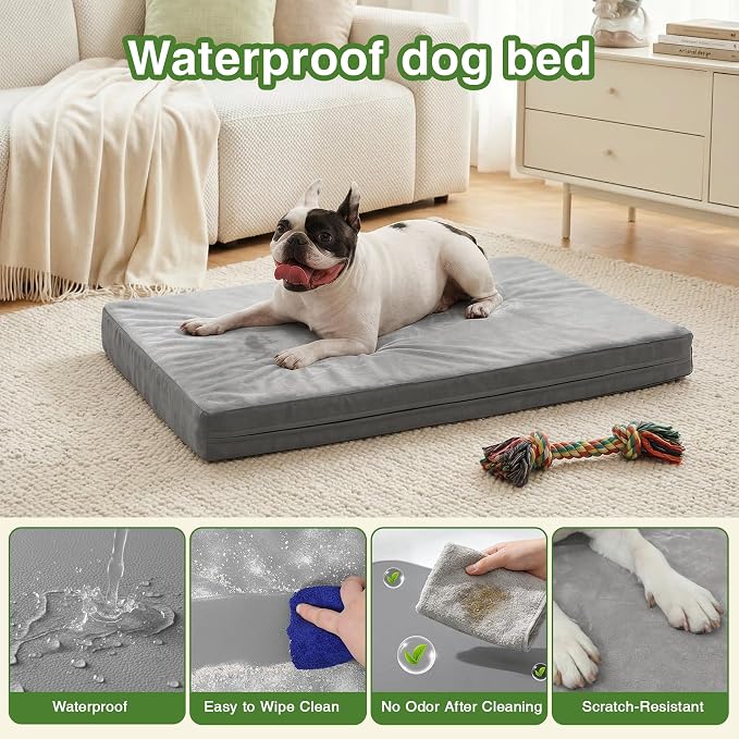 Waterproof Dog Bed Medium Size Dog, Outdoor Washable Crate Pad 30 inch, Orthopedic Foam Pet Bed with Removable Cover Reversible, Outdoor Anti-Slip Kennel Pad 29"x18", Gray