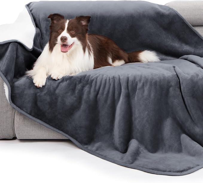 gogobunny Waterproof Bed Blanket, Reversible Sherpa Fleece Throw Blanket for Dog Puppy Cat, Furniture Cover Protects Bed Couch Sofa from Liquid Pee and Pet Fur (Dark Grey, 90x90 inches)