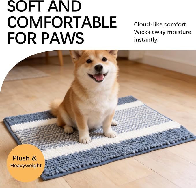 Dog Door Mat for Muddy Paws - Absorbent Quick-Dry Non-Slip Washable Chenille Pet Rug, Indoor Entryway Mat for Front Door & Crate (Blue White, 30" L*18" W)