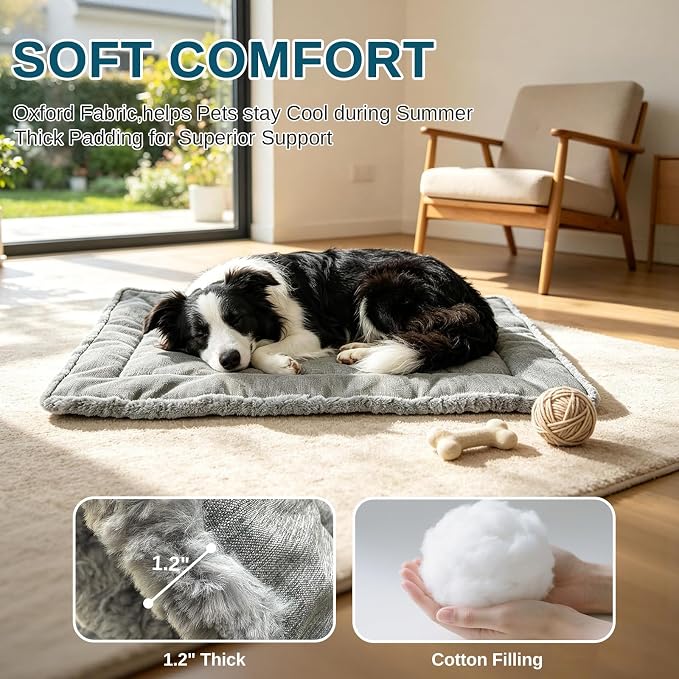Reversible Dog Crate Mat for Medium Dogs,Oxford & Plush, 29"x18",Light Gray | 1.2" Fill Preserves Crate Height,Fleece Cozy,Wipes Clean,Splash-Proof,Machine Washable, Folds Flat For 30" Wire Crate & Go