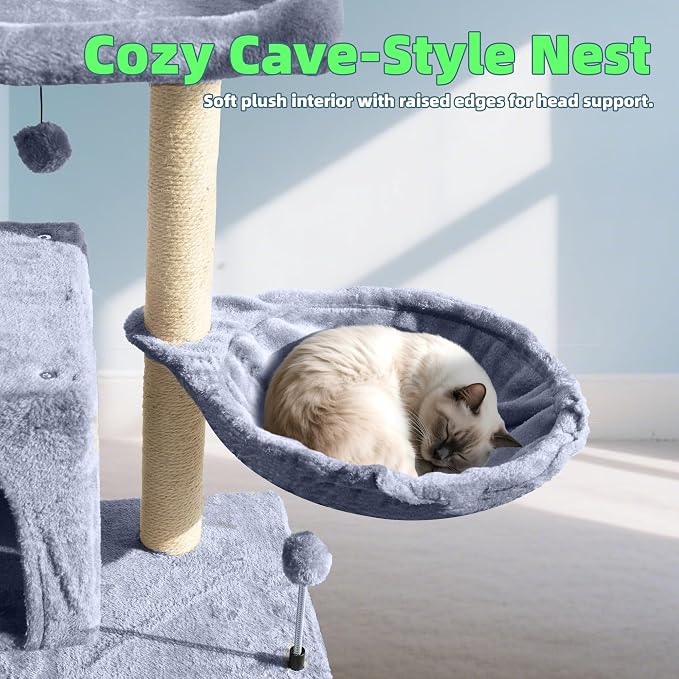 Cat Tree with Cat Condo and Hammock, Cat Tree with Scratching Posts and Scratching Pads, Cat Tower for Indoor Cats, Activity Centre Climbing Tree with Playful Toy Balls, Grey