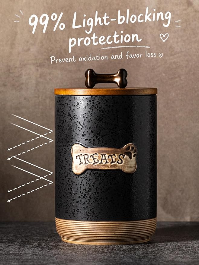Miamolo Dog Treat Container Jar, Ceramic Airtight Dog Food Storage Container with Lid and Handle, Dog Treats Cookie Snack Jar Canister for Kitchen Counter, Gift for Dog Owners, Bone Glinting Black
