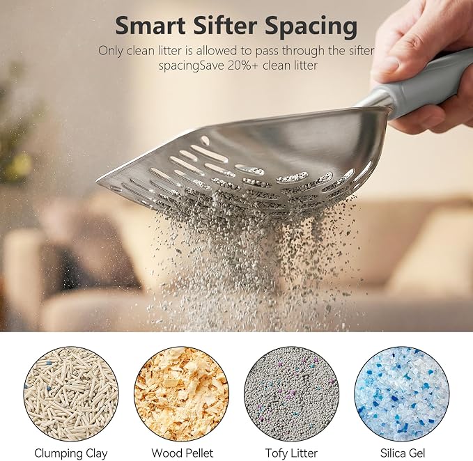 Cat Litter Scoop, Kitty Metal Scooper, Heavy Duty Aluminum Deep Sifter with Long Handle, Rustproof Durable Kitten Poop Shovel for Travel & Small Litter Box