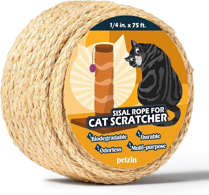 Pelzin Natural Sisal Rope for Cat Scratcher 1/4 Inch by 75 Feet, Cat Tree Rope Twine for Cat Scratching Post Replacement, Cat Tower with Scratch Post Repairing, Replace, Recovering and DIY, Natural
