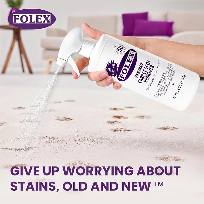 FOLEX Instant Carpet Spot Remover 32 oz – Powerful Stain Remover for Carpets, Upholstery & Rugs – Eliminates Pet Stains, Grease, Red Wine, Food, Makeup & More – With Reusable Cleaning Cloth - 3 Pack