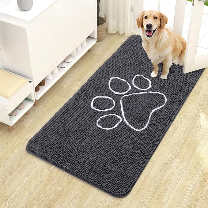 OLANLY Dog Door Mat for Muddy Paws 44x24, Paw Print Design Chenille Mud Mat | Dark Grey, Absorbent, Traps Moisture and Dirt, Non-Slip Washable Doormat, Quick-Drying Indoor Entryway Floor Carpet for Dogs