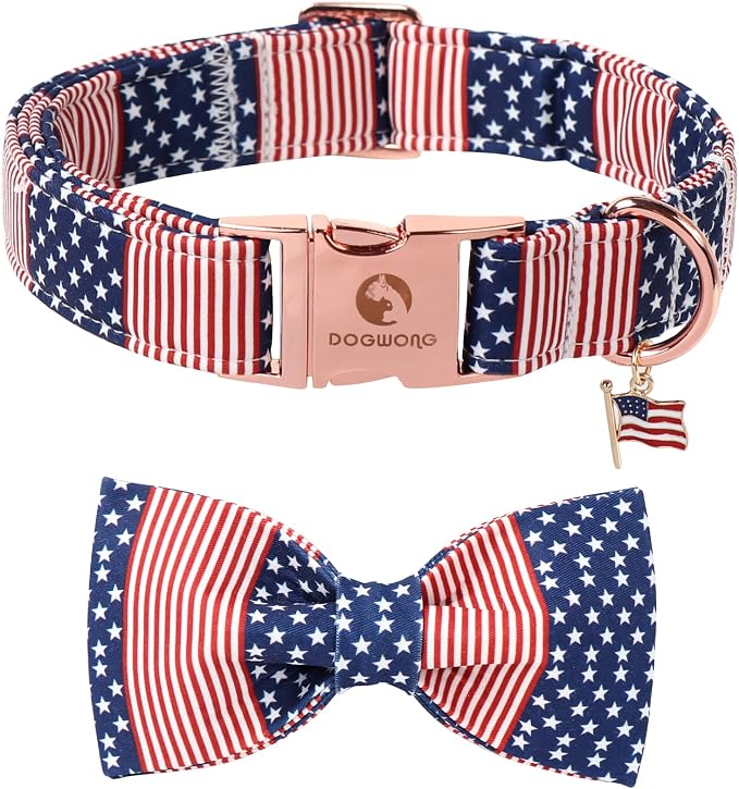 DOGWONG American Flag Dog Collar, 4 of July Dog Bow Collar Heavy Duty Adjustable Patriotic Dog Collar with Bowtie for Small Medium Large Dogs