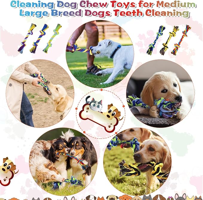 24 Pack Large Dog Rope Toys 10 Inch Chew Toys Bulk Natural Cotton Dog 2 Knot Dog Toy 2 Knots Chew Rope Toy Teething Rope Toys for Aggressive Chewers and Medium Dogs