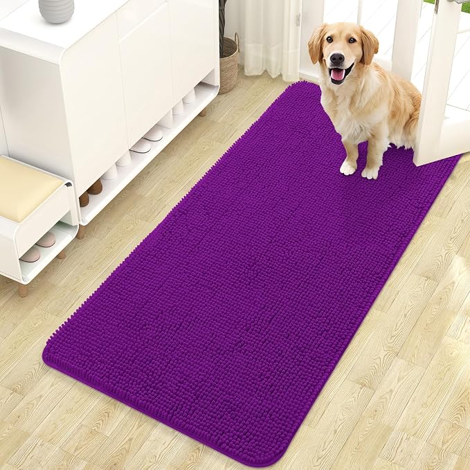 OLANLY Dog Door Mat for Muddy Paws 47x24, Super Absorbent Chenille Mud Mat | Purple, Absorbs Moisture and Dirt, Non-Slip Machine Washable Doormat, Quick-Drying Indoor Entryway Floor Carpet for Dogs