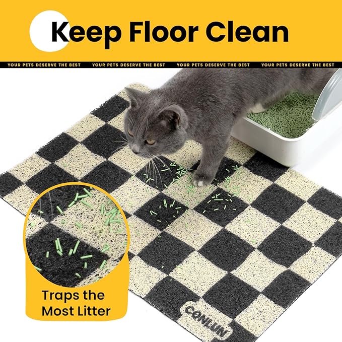 Conlun Cat Litter Mat Litter Trapping Mat, Premium Durable PVC Cute Cat Litter Box Mat, Non-Slip, Less Waste Kitty Litter Mat, Soft on Kitty’s Paws, 24”x 17” cat matts for litter, Chessboard