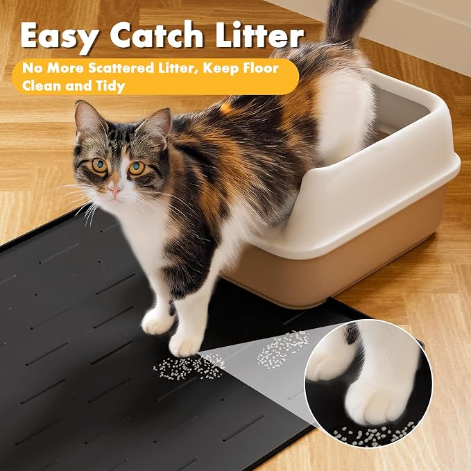 Pieviev Silicone Cat Litter Mat, Traps Litter & Easy to Clean, 34'' x 22'' | Raised Edges Lock Litter & Urine, Scratch and Wear-Resistant Cat Box Mat, Non-Slip Backing, Fit Most Standard Boxes