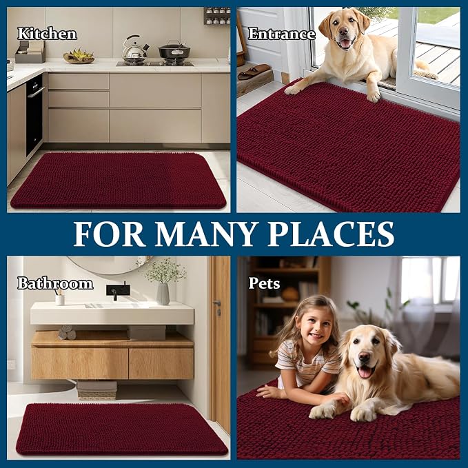 OLANLY Dog Door Mat for Muddy Paws 34x21, Super Absorbent Chenille Mud Mat | Burgundy, Absorbs Moisture and Dirt, Non-Slip Machine Washable Doormat, Quick-Drying Indoor Entryway Floor Carpet for Dogs
