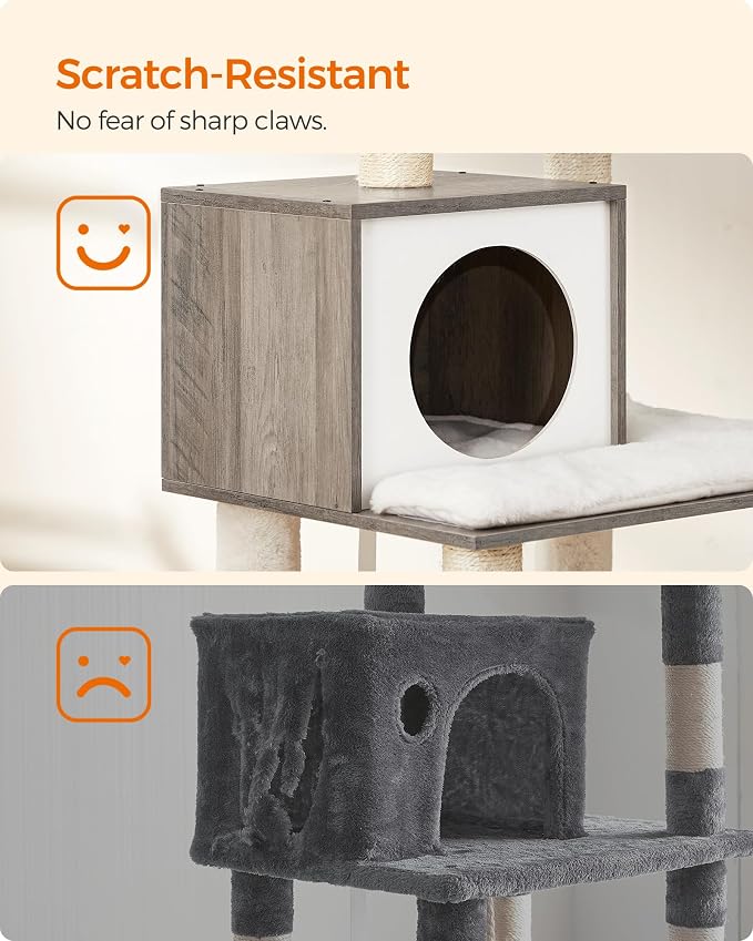 Feandrea Cat Tree, 56.3-Inch Modern Cat Tower, Multi-Level Plush Condo with Scratching Posts, Hammock, Washable Cushion, Heather Greige UPCT164G01