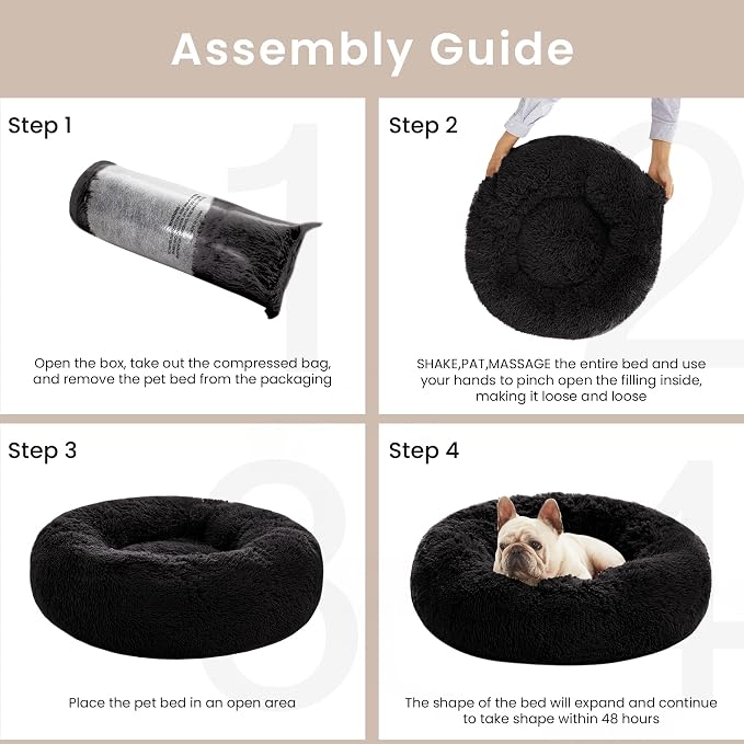 Love's cabin Calming Cat Bed for Indoor Cats, Anti-Anxiety Donut Round Dog Bed,Fluffy Faux Fur Washable Pet Bed for Small Medium Dogs and Cats, Black, 20in