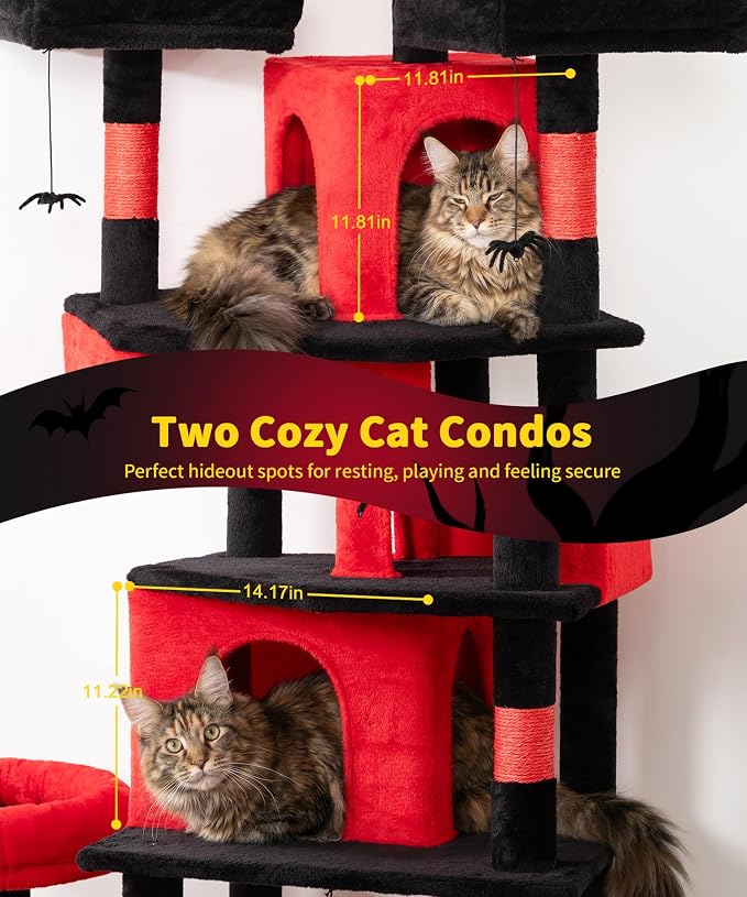 Gothic Cat Tree, 71 Inch Heavy Duty Cat Trees for Large Cats | Tall Cat Tree Tower with Extended Base, 2 Condos, 3 Perches, 9 Sisal Posts & Hammock for Indoor Adult Cats, Black Red