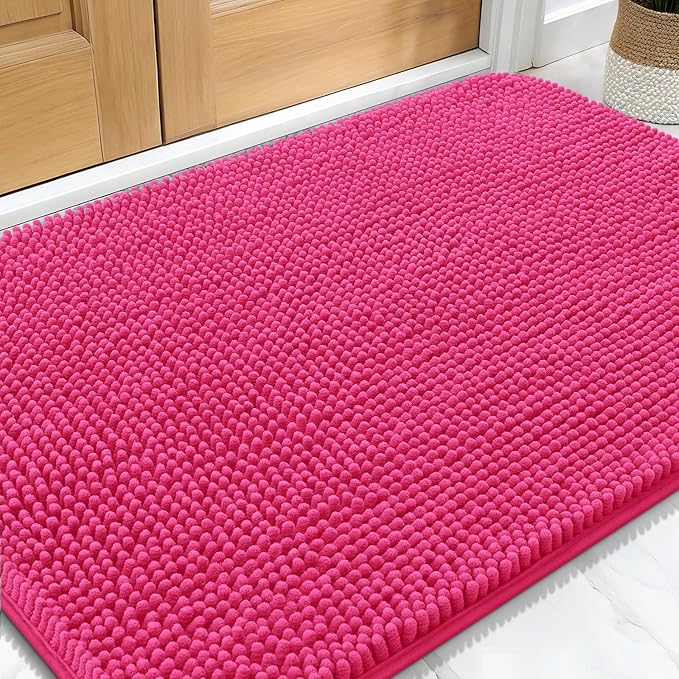 OLANLY Dog Door Mat for Muddy Paws 32x20, Super Absorbent Chenille Mud Mat | Hot Pink, Absorbs Moisture and Dirt, Non-Slip Machine Washable Doormat, Quick-Drying Indoor Entryway Floor Carpet for Dogs