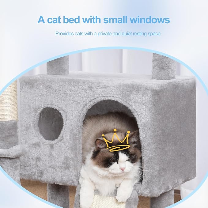 Hey-brother Cat Tree Tower with Removable Toys, Scratching Posts, MPJ008SW | 41.3 Inches Plush Cozy Condo with Platform, Hammock, Sisal Scratch Board and Ball for Indoor Cats, Light Gray