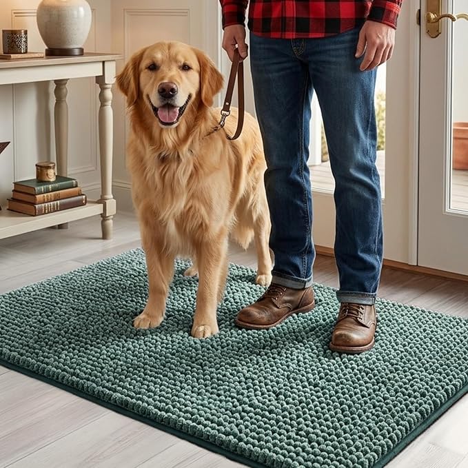 EHEYCIGA Super Absorbent Dog Door Mat for Muddy Paws 48x30 Inch Indoor, Front Doormat Outside Entrance, Quick Dry Chenille Washable Dog Crate Bed, Non-Slip Pet Rug Mud Mat Outdoor Entryway, Green