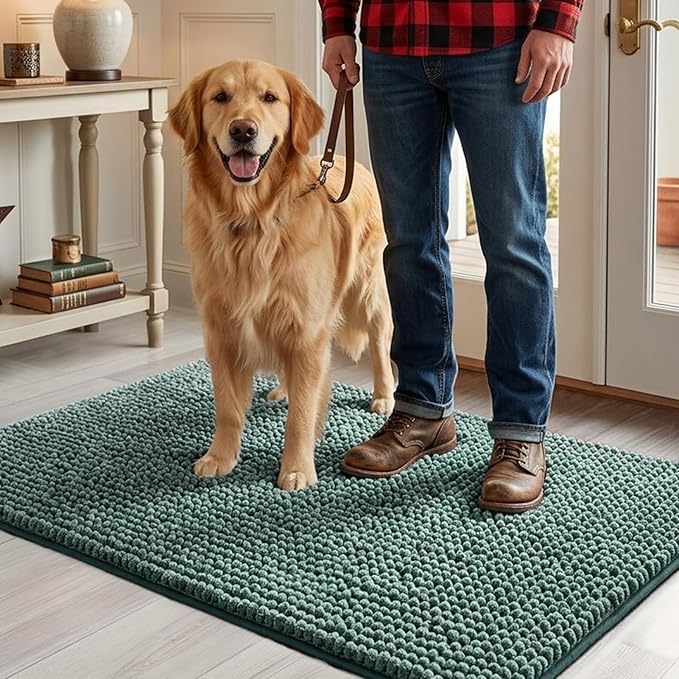 EHEYCIGA Super Absorbent Dog Door Mat for Muddy Paws 36x24 Inch Indoor, Front Doormat Outside Entrance, Quick Dry Chenille Washable Dog Crate Bed, Non-Slip Pet Rug Mud Mat Outdoor Entryway, Green
