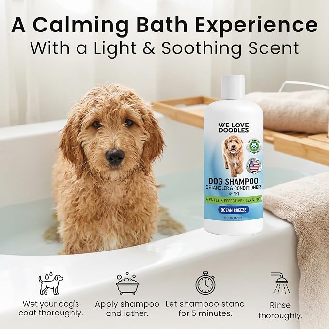 Dog Shampoo, Conditioner & Detangler, Gentle Tearless, Ocean Breeze, 16OZ | For Sensitive Itchy Skin, Hypoallergenic, Best For Smelly Dogs, Goldendoodle, Poodle & Doodle, Puppy Pet Wash, USA Made, 4in1