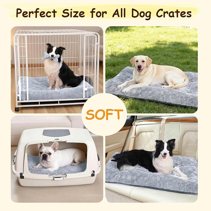 Washable Dog Bed for Small to Large Dogs, Calming Anti Anxiety Medium Dog Bed, Deluxe Plush Faux Fur Crate Beds, Comfy Fluffy Kennel Pad Pet Sleeping Mat with Non-Slip Bottom, 41"x27", Gray