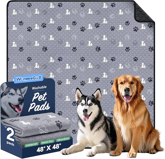 WanpeeGoo Washable Pee Pads for Dogs, Waterproof, 48 x 48 in, 2 Pack, Gray | Super Absorbent, Waterproof and Non-Slip; Washable, Reusable Dog Pads for Crates, Playpens, Floors, Furniture and Travel