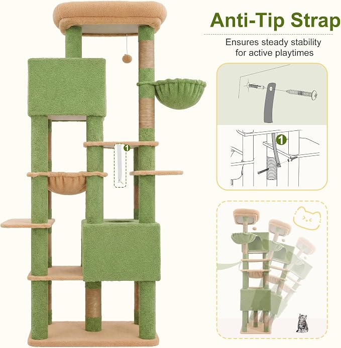 Heybly Cat Tree, 76-Inch Tall Heavy Duty Cat Tower for Big Cats HCT039GY | Multi-Level Large Cat Furniture with Extra Wide Baseboard, 2 Condos & 2 Hammocks, 10 Scratching Posts, Green and Yellow