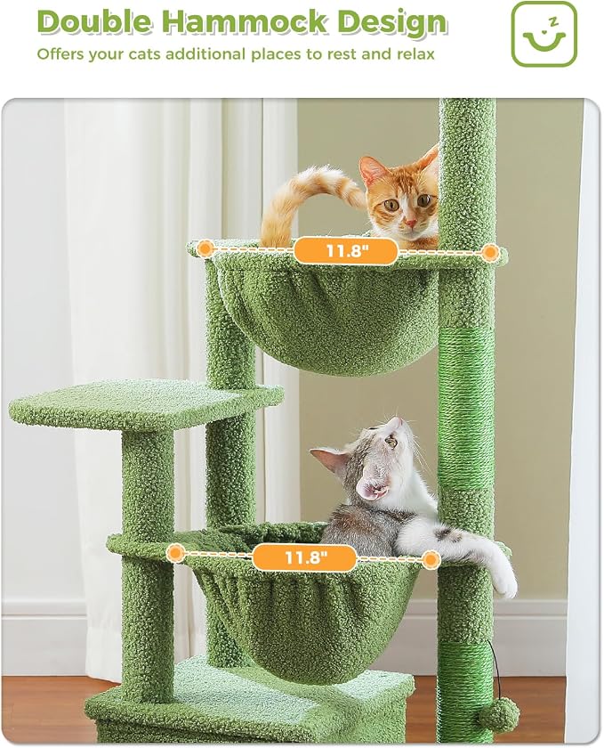 MUTTROS Cactus Cat Tree, 47.6" Cat Tower with 2 Metal Frame Hammock, Cat Scratching Post for Indoor Cats with 2 Removable Pompom Sticks for Kittens, Green